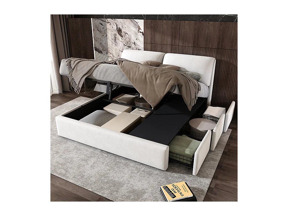Hydraulisch gestoffeerd bed, opbergbed 180x200 cm, bed met drie laden, bedframe en lattenbodem, wit fluweel