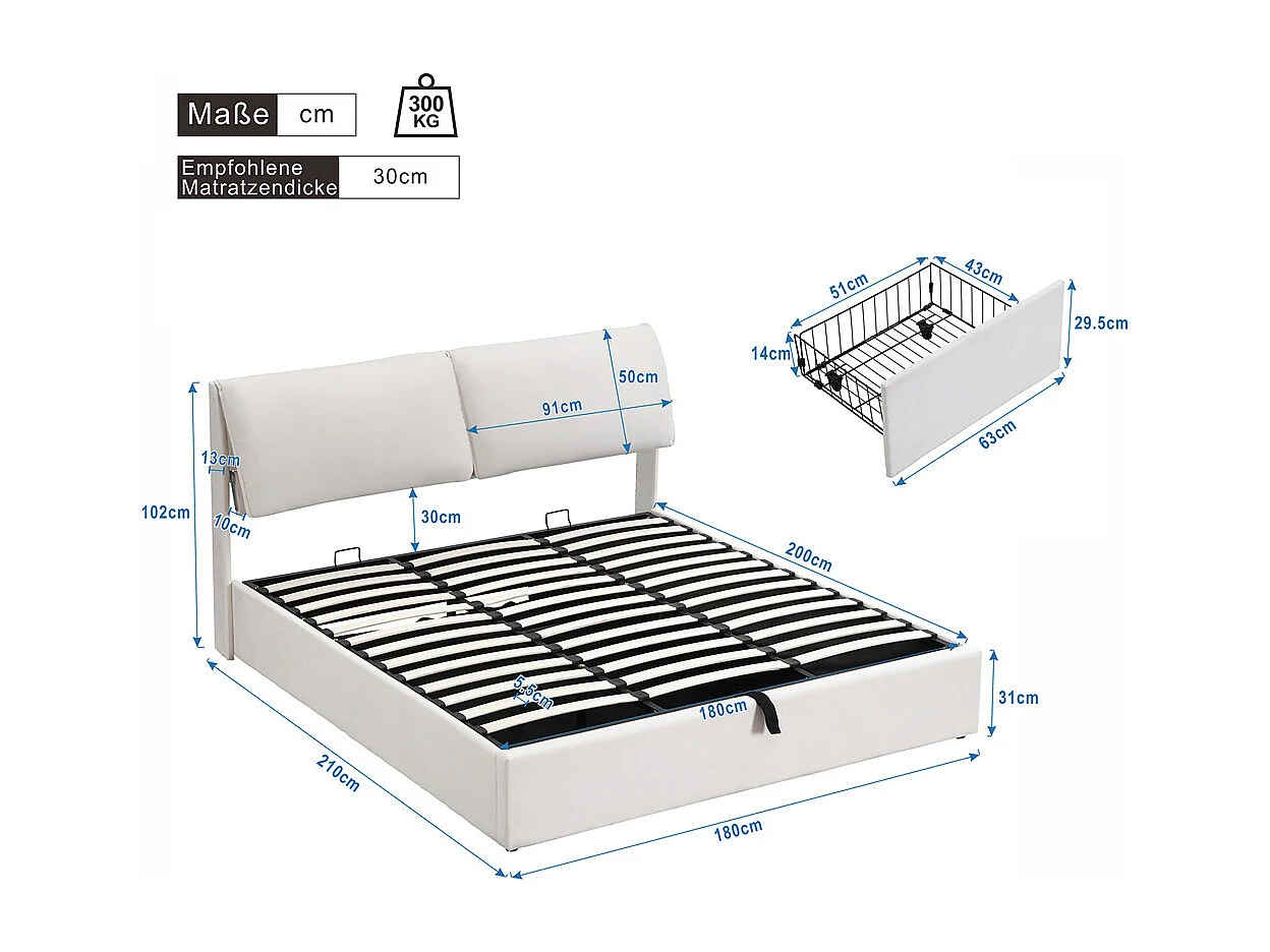 Hydraulisch gestoffeerd bed, opbergbed 180x200 cm, bed met drie laden, bedframe en lattenbodem, wit fluweel