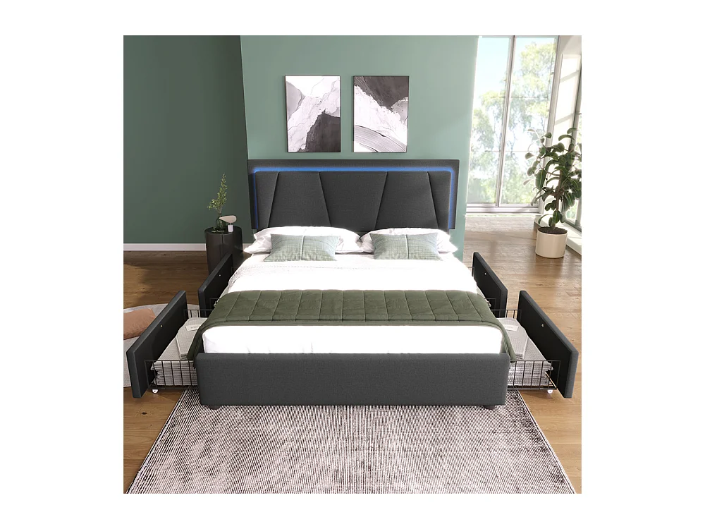 Volwassen bed 160x200 cm gestoffeerd bed led verlichting bed 4 laden bed houten lattenbodem tweepersoonsbed grijs linnen