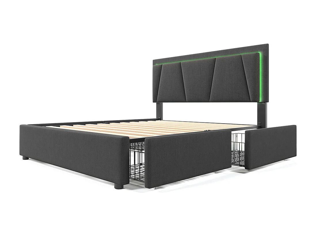 Volwassen bed 160x200 cm gestoffeerd bed led verlichting bed 4 laden bed houten lattenbodem tweepersoonsbed grijs linnen