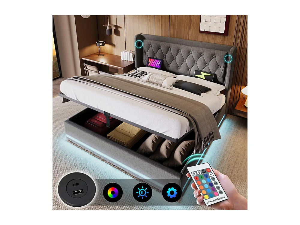 Lit adulte lit 180x200 cm lit rembourré hydraulique lit de rangement lit double coton gris