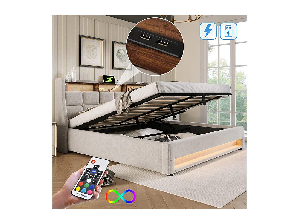 Lit rembourré hydraulique 160x200 cm lit de rangement lit usb lit en métal lit cadre à lattes en bois lit led double lin beige