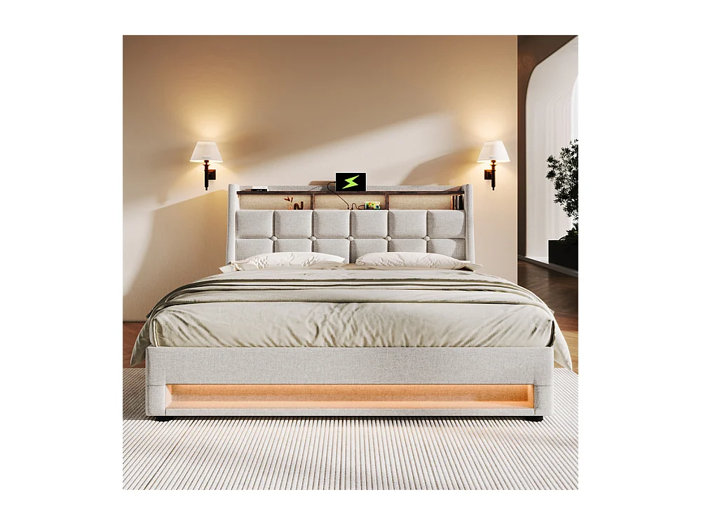 Lit rembourré hydraulique 160x200 cm lit de rangement lit usb lit en métal lit cadre à lattes en bois lit led double lin beige