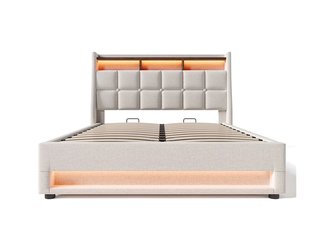 Lit rembourré hydraulique 160x200 cm lit de rangement lit usb lit en métal lit cadre à lattes en bois lit led double lin beige