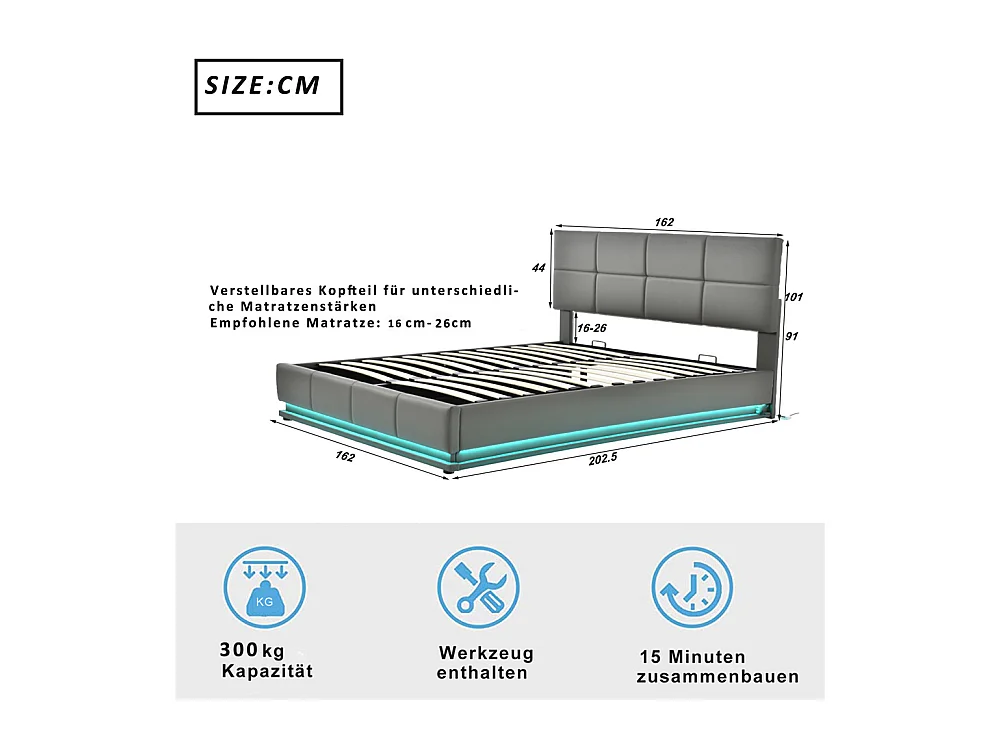 Lit adulte lit 160x200 cm lit led rembourré hydraulique lit de rangement lit double cuir synthétique gris