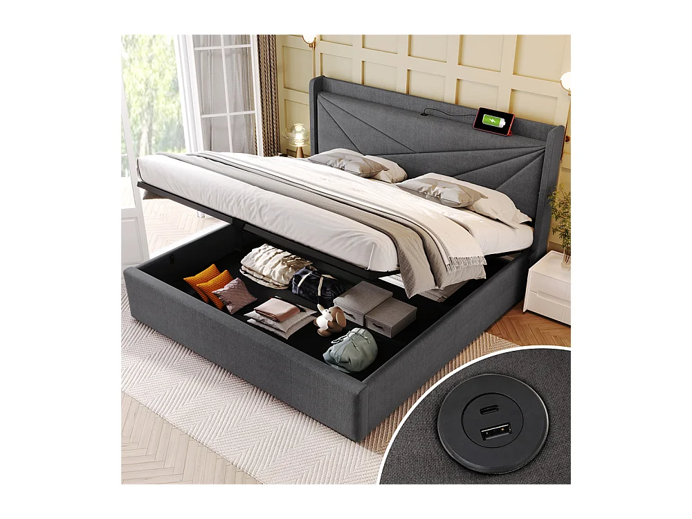 Lit rembourré lit coffre lit 160x200 cm lit de rangement lit tête de lit à fonction de charge usb type c lit double coton lin gris