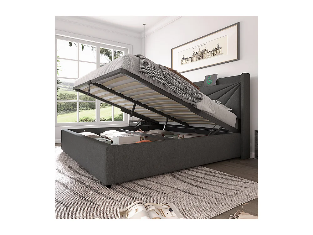 Lit rembourré lit coffre lit 160x200 cm lit de rangement lit tête de lit à fonction de charge usb type c lit double coton lin gris
