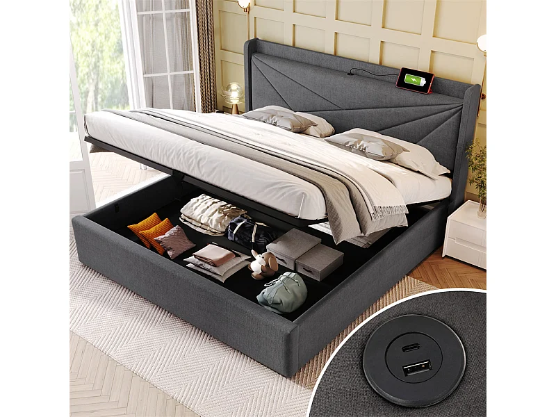 Lit rembourré lit coffre lit 160x200 cm lit de rangement lit tête de lit à fonction de charge usb type c lit double coton lin gris