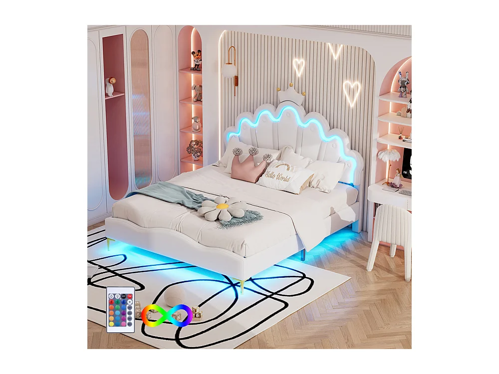 Lit adulte lit 140x200 cm lit de princesse en forme de couronne lit bandes lumineuses d'ambiance à led lit double pu blanc