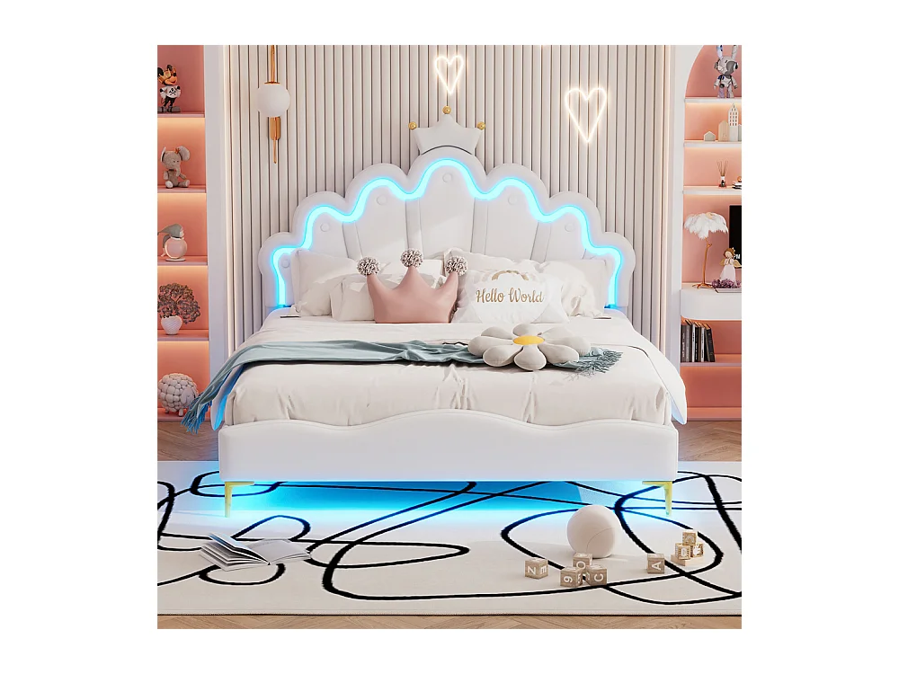 Lit adulte lit 140x200 cm lit de princesse en forme de couronne lit bandes lumineuses d'ambiance à led lit double pu blanc