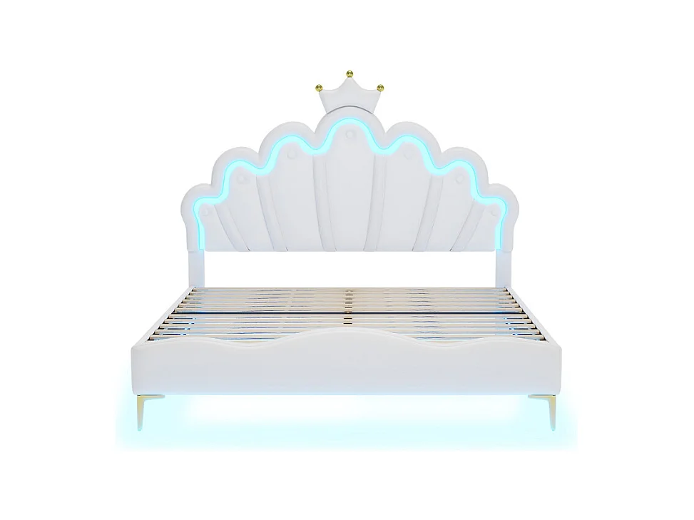 Lit adulte lit 140x200 cm lit de princesse en forme de couronne lit bandes lumineuses d'ambiance à led lit double pu blanc