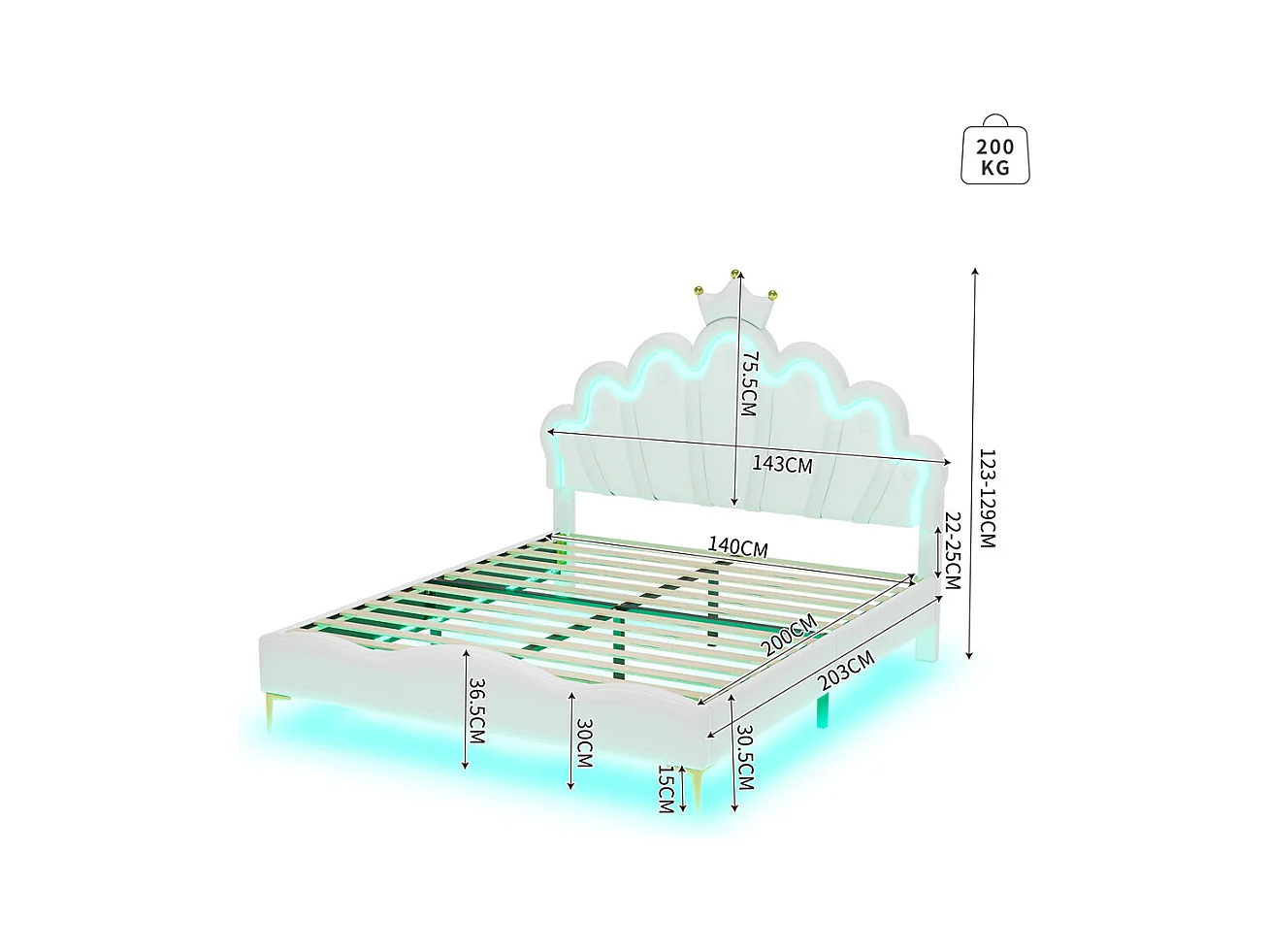Lit adulte lit 140x200 cm lit de princesse en forme de couronne lit bandes lumineuses d'ambiance à led lit double pu blanc
