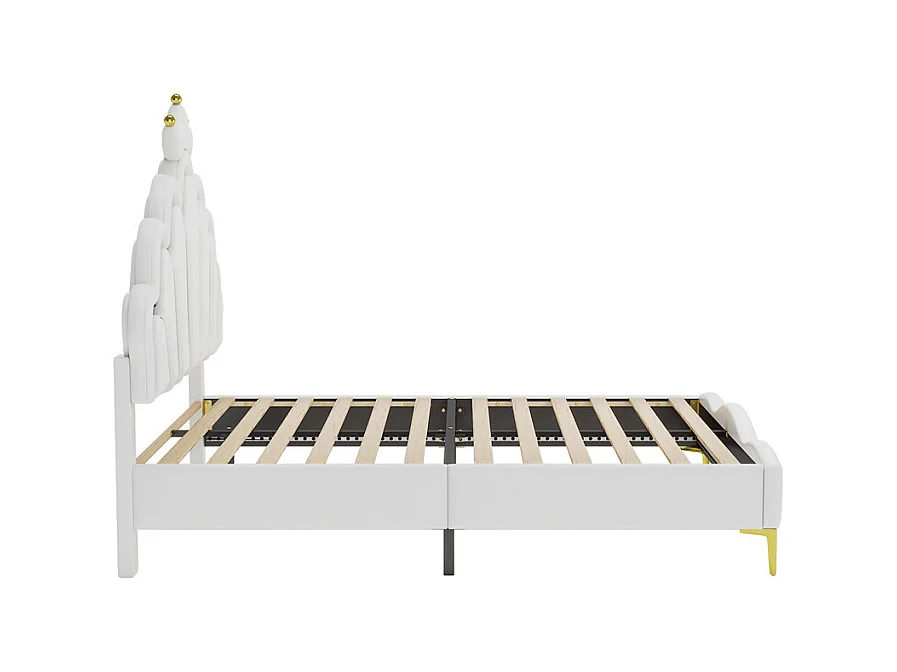 Lit adulte lit 140x200 cm lit de princesse en forme de couronne lit bandes lumineuses d'ambiance à led lit double pu blanc