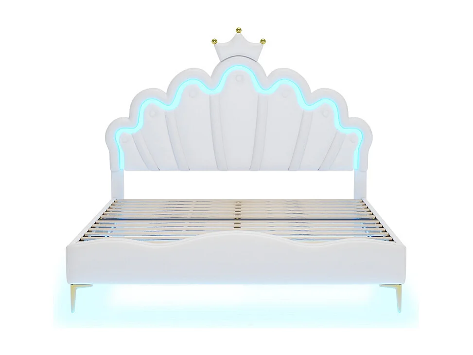 Lit adulte lit 140x200 cm lit de princesse en forme de couronne lit bandes lumineuses d'ambiance à led lit double pu blanc
