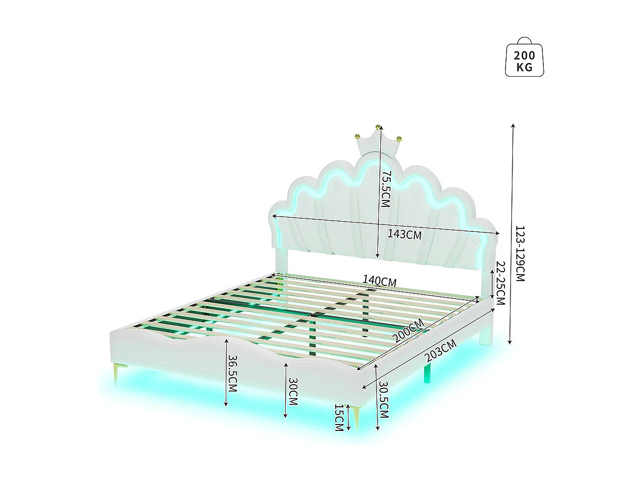 Lit adulte lit 140x200 cm lit de princesse en forme de couronne lit bandes lumineuses d'ambiance à led lit double pu blanc