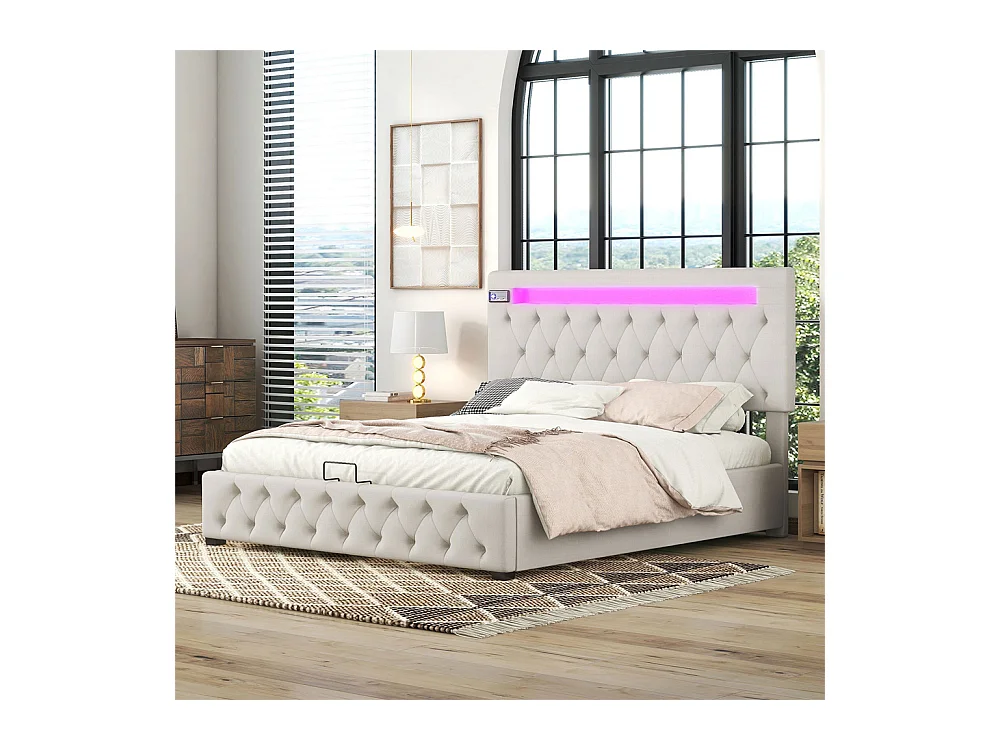 Volwassen bed 140x200 cm gestoffeerd bed opbergbed met LED-verlichting tweepersoonsbed beige linnen