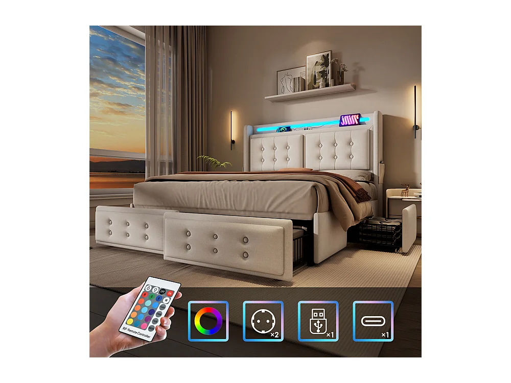 Lit adulte lit 160x200 cm lit rembourré lit 4 tiroirs lit de rangement avec sommier à lattes en bois lit double coton lin beige