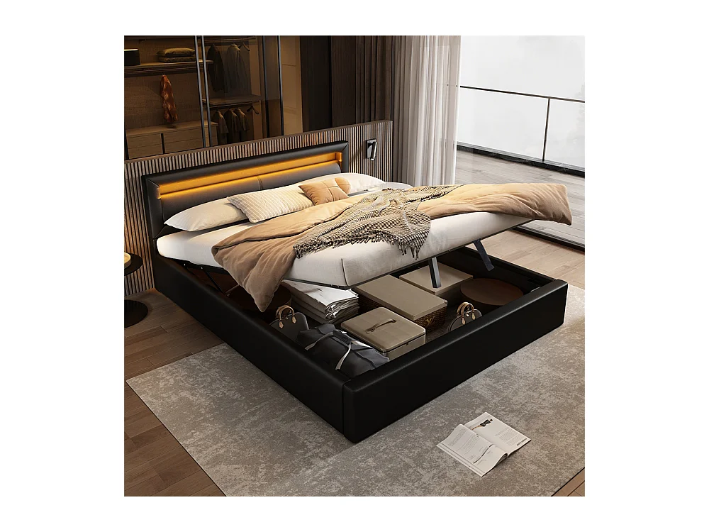 Lit adulte lit coffre lit 140x200 cm lit de rangement lit rembourré hydraulique lit led lit double pu noir