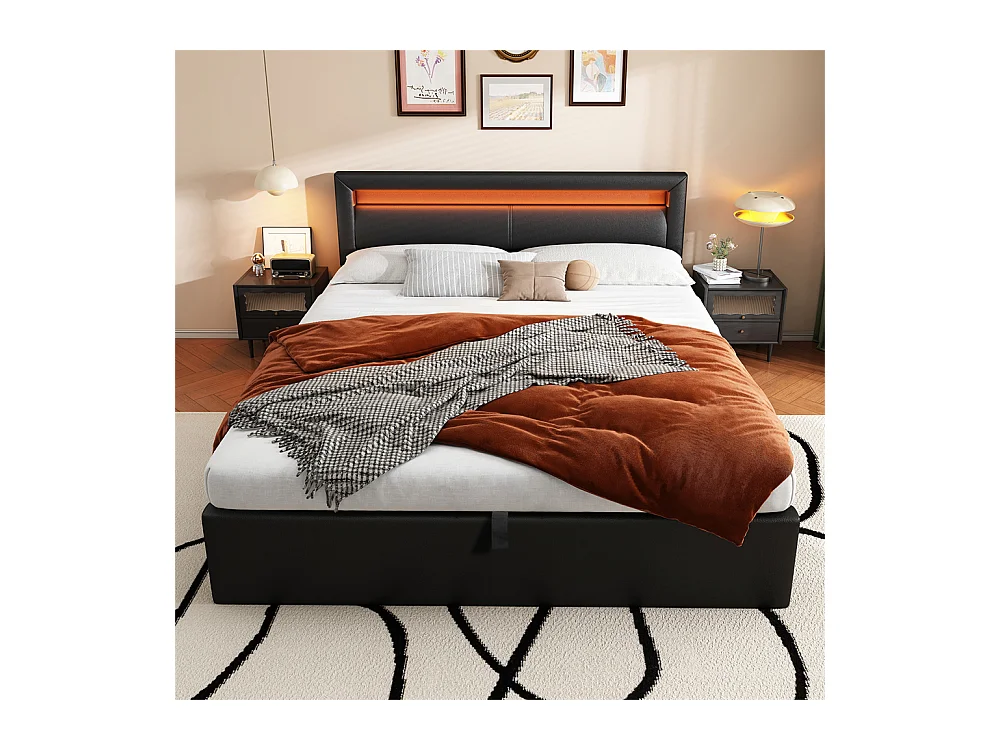 Lit adulte lit coffre lit 140x200 cm lit de rangement lit rembourré hydraulique lit led lit double pu noir