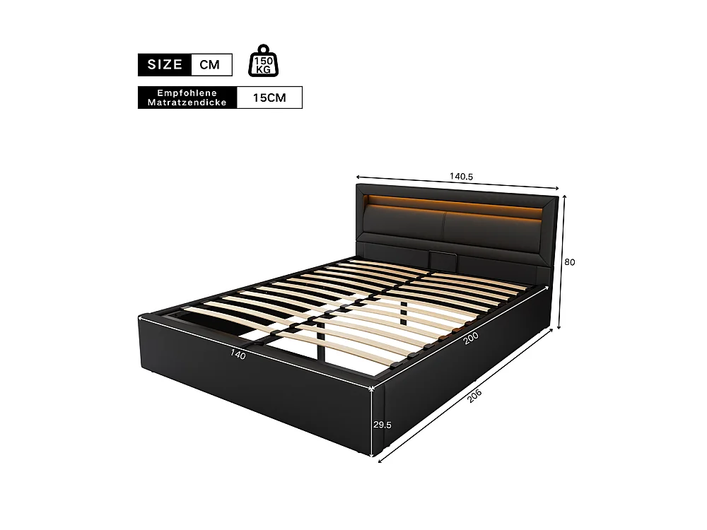 Lit adulte lit coffre lit 140x200 cm lit de rangement lit rembourré hydraulique lit led lit double pu noir