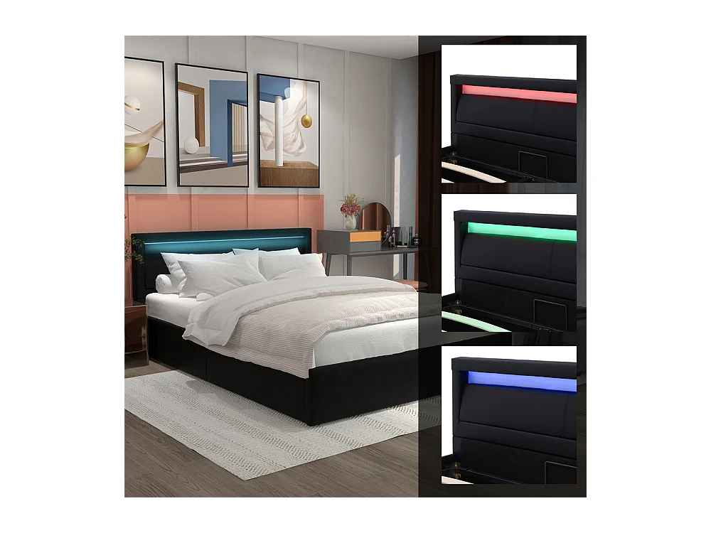 Lit adulte lit coffre lit 140x200 cm lit de rangement lit rembourré hydraulique lit led lit double pu noir