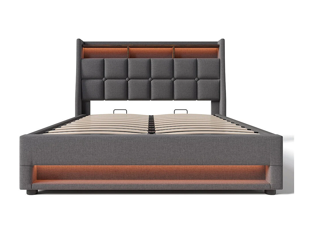 Hydraulisch gestoffeerd bed 140x200 cm opbergbed usb bed metalen bed houten lattenbodem led tweepersoonsbed grijs linnen