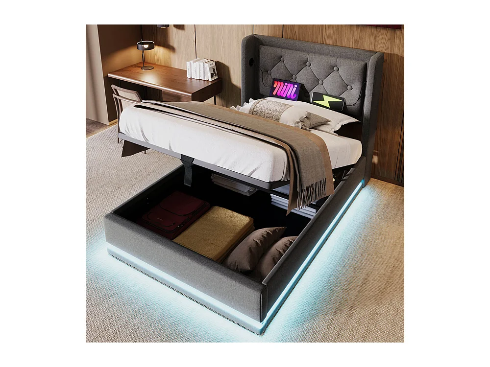 Lit adulte lit 90x200 cm lit rembourré hydraulique lit de rangement Single coton gris