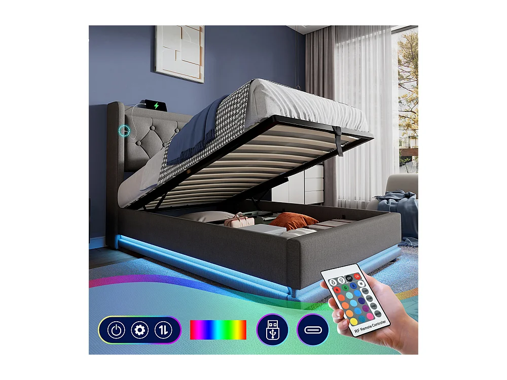 Lit adulte lit 90x200 cm lit rembourré hydraulique lit de rangement Single coton gris