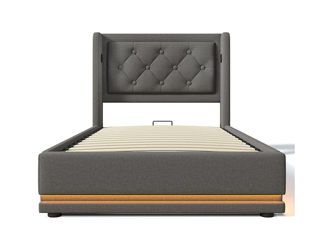 Lit adulte lit 90x200 cm lit rembourré hydraulique lit de rangement Single coton gris