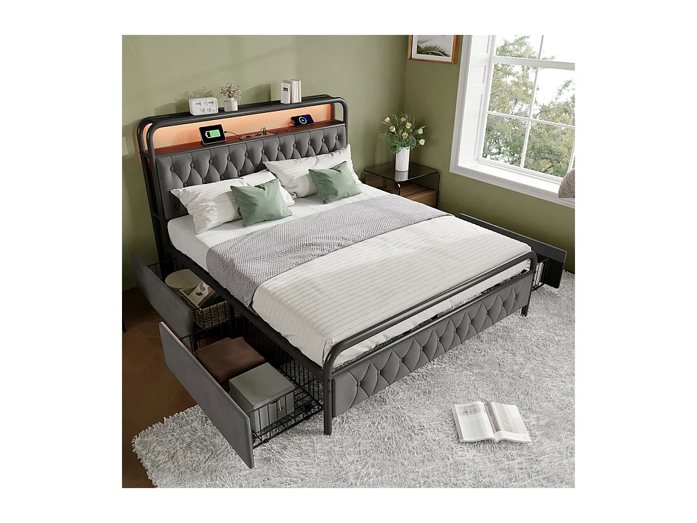 Volwassen bed 160x200 cm gestoffeerd bed met 4 lades tweepersoonsbed grijs fluweel