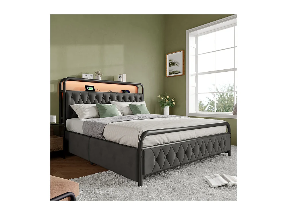 Volwassen bed 160x200 cm gestoffeerd bed met 4 lades tweepersoonsbed grijs fluweel