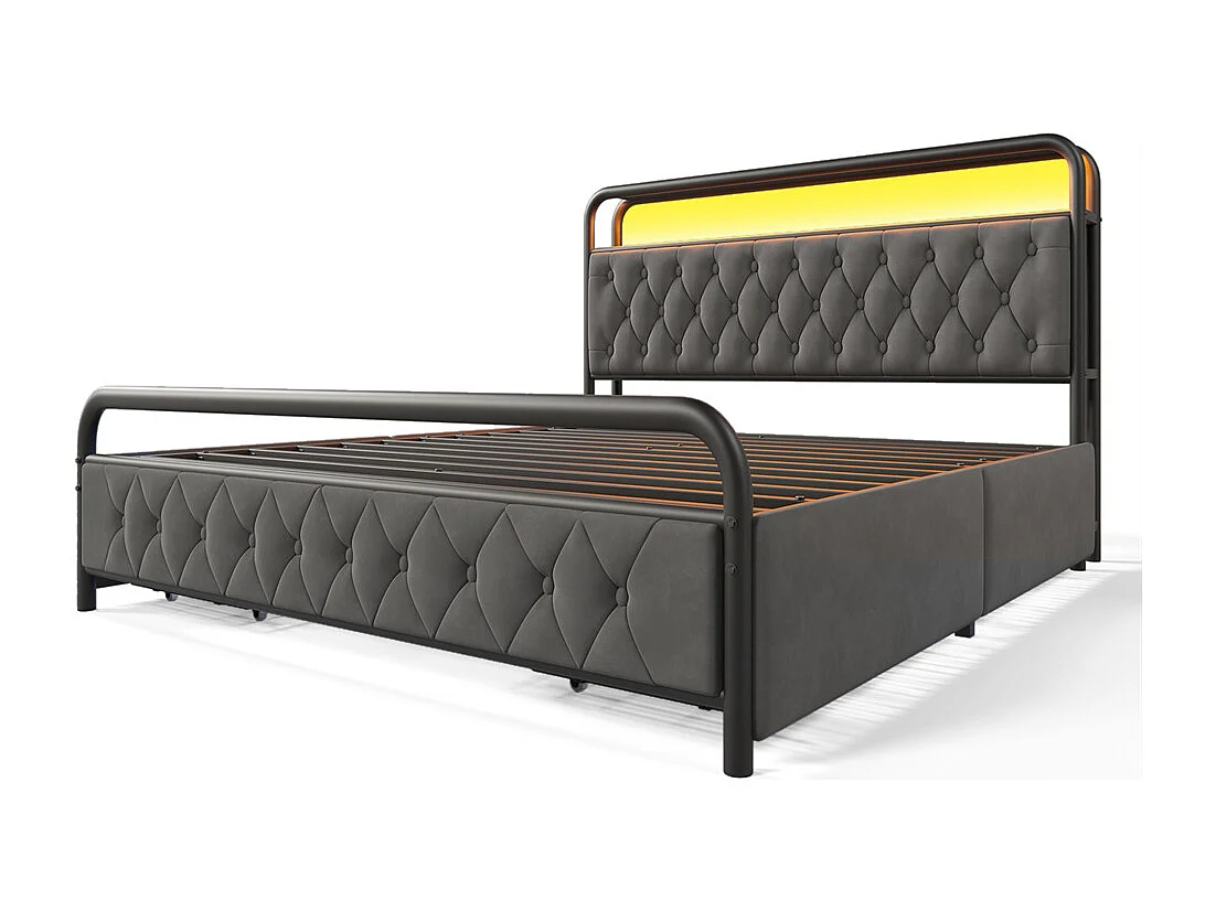 Volwassen bed 160x200 cm gestoffeerd bed met 4 lades tweepersoonsbed grijs fluweel