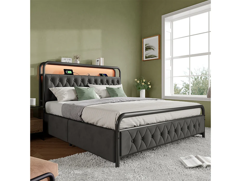 Volwassen bed 160x200 cm gestoffeerd bed met 4 lades tweepersoonsbed grijs fluweel