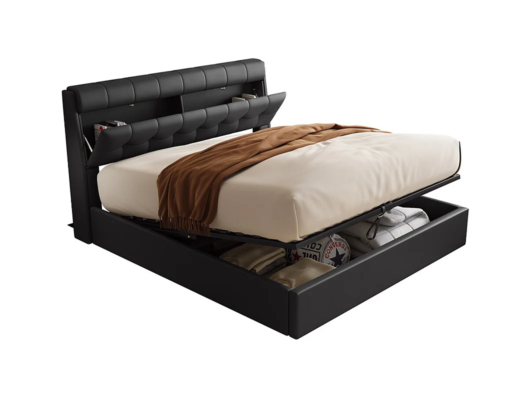 Lit adulte lit 140x190 cm lit rembourré hydraulique lit double avec sommier à lattes pu noir