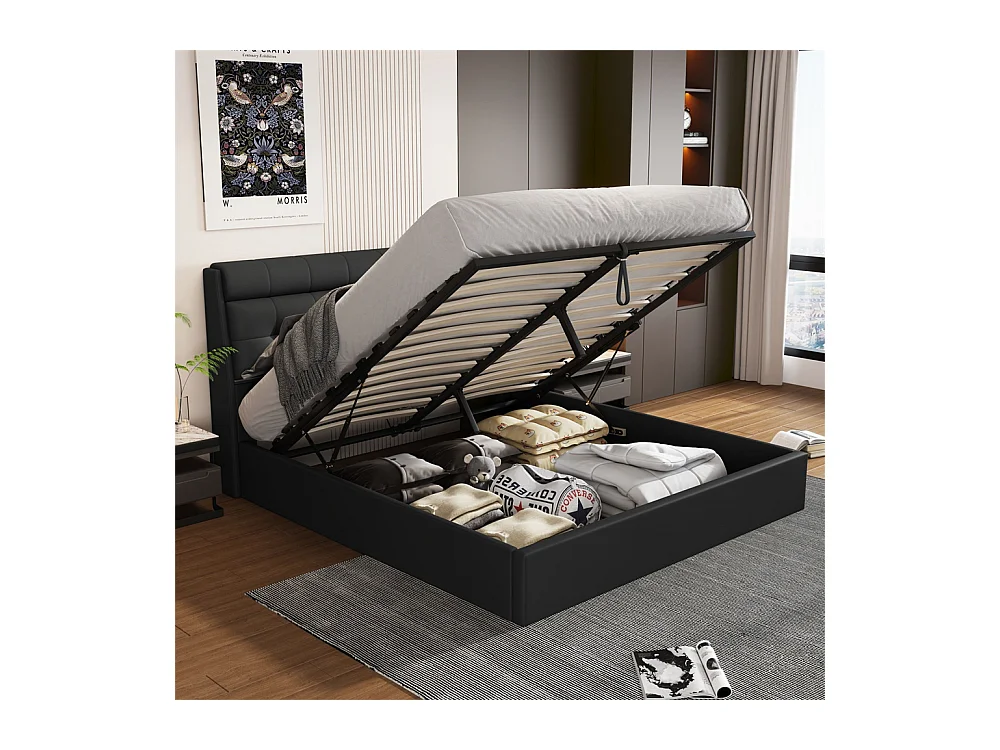 Lit adulte lit 140x190 cm lit rembourré hydraulique lit double avec sommier à lattes pu noir