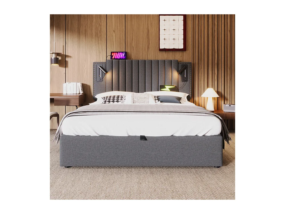 Gestoffeerd bed 160x200cm, met opbergruimte, leeslamp, klinknageldesign, lattenbodem, katoen, grijs, zonder matras