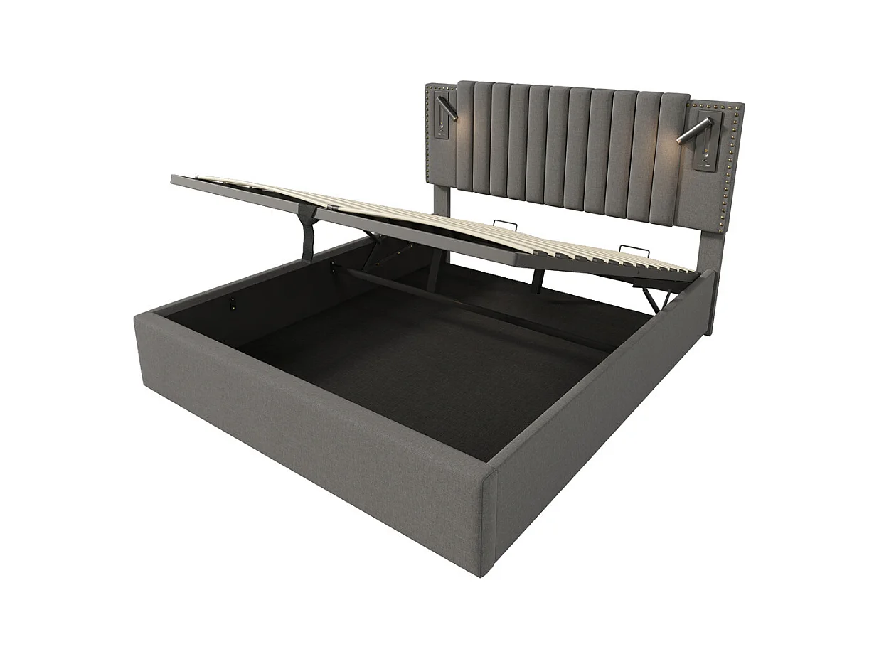 Gestoffeerd bed 160x200cm, met opbergruimte, leeslamp, klinknageldesign, lattenbodem, katoen, grijs, zonder matras