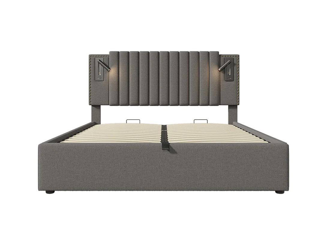 Gestoffeerd bed 160x200cm, met opbergruimte, leeslamp, klinknageldesign, lattenbodem, katoen, grijs, zonder matras