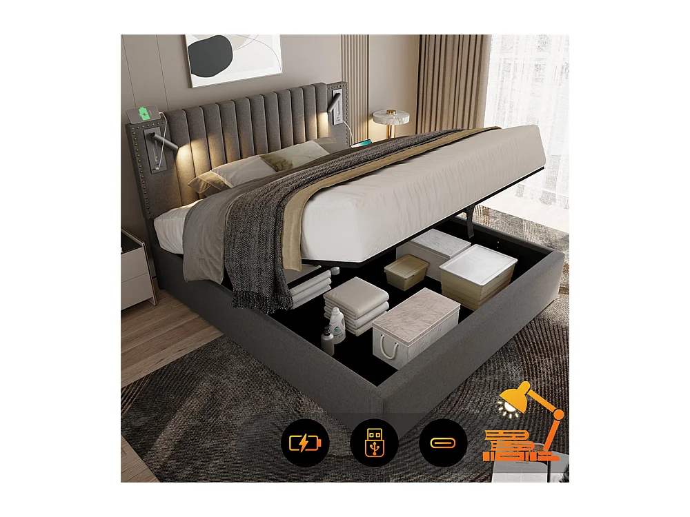 Gestoffeerd bed 160x200cm, met opbergruimte, leeslamp, klinknageldesign, lattenbodem, katoen, grijs, zonder matras
