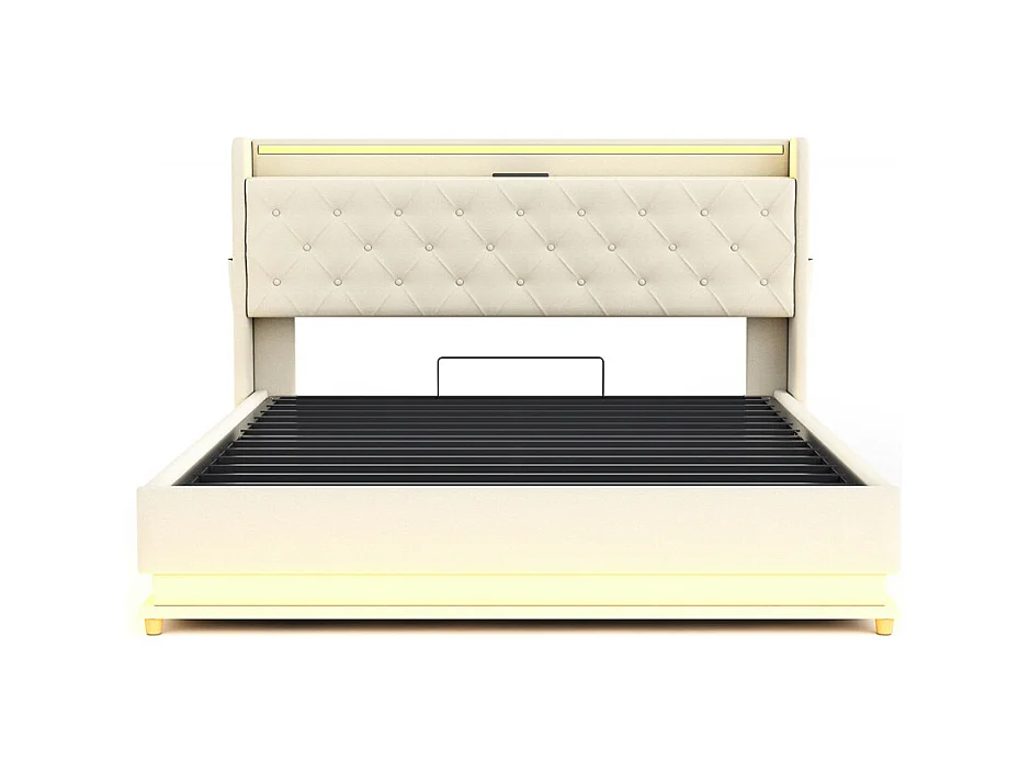 Lit adulte lit 160x200 cm lit led rembourré hydraulique lit double lin beige