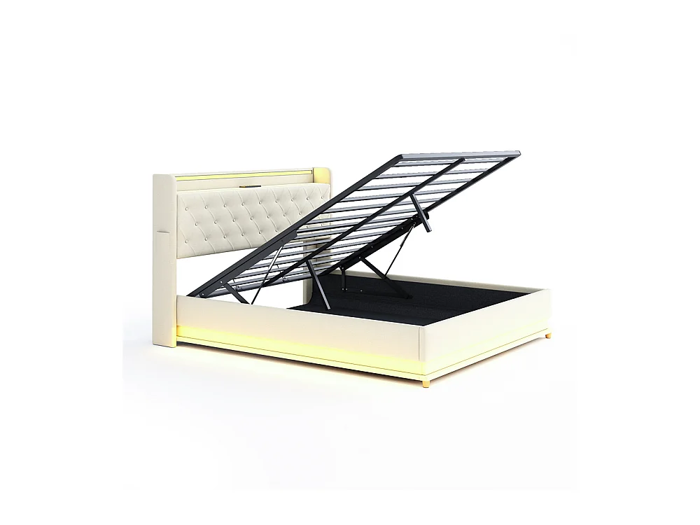 Lit adulte lit 160x200 cm lit led rembourré hydraulique lit double lin beige