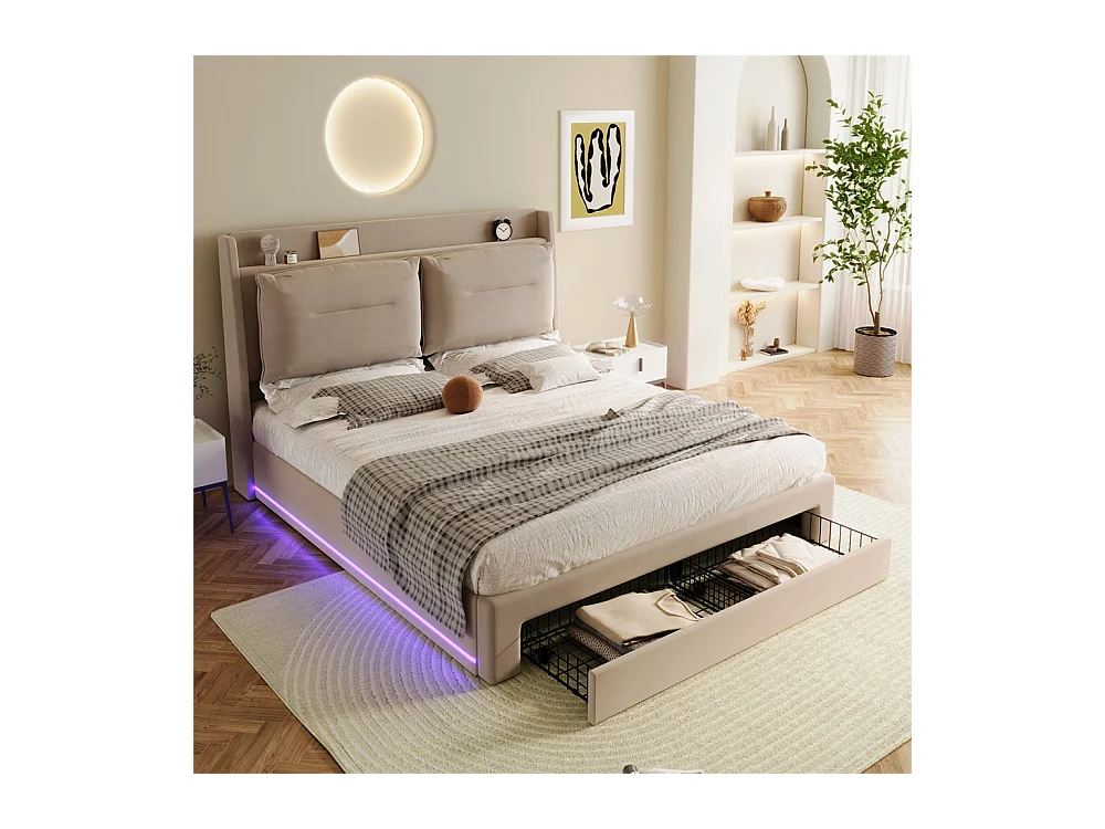 Hydraulisch gestoffeerd bed 140x190cm, opberglades, met lattenbodem, zonder matras, fluweel, beige