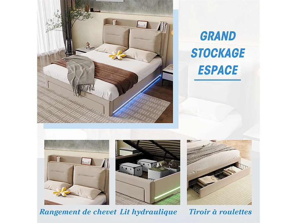 Hydraulisch gestoffeerd bed 140x190cm, opberglades, met lattenbodem, zonder matras, fluweel, beige