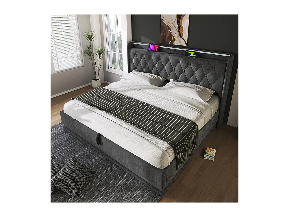 Lit rembourré hydraulique 180x200cm lit appui-tête rembourré avec fonction de recharge usb type-c lit double lin gris