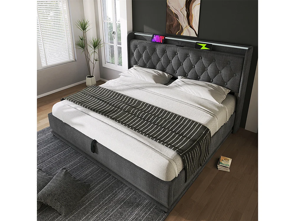 Lit rembourré hydraulique 180x200cm lit appui-tête rembourré avec fonction de recharge usb type-c lit double lin gris