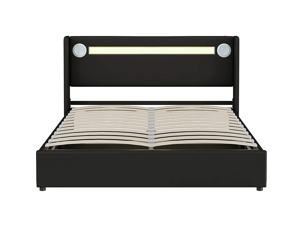 Lit rembourré 160x200 cm lit sommier à lattes lit barre lumineuse à led lecteur bluetooth et recharge usb lit double cuir pu noir