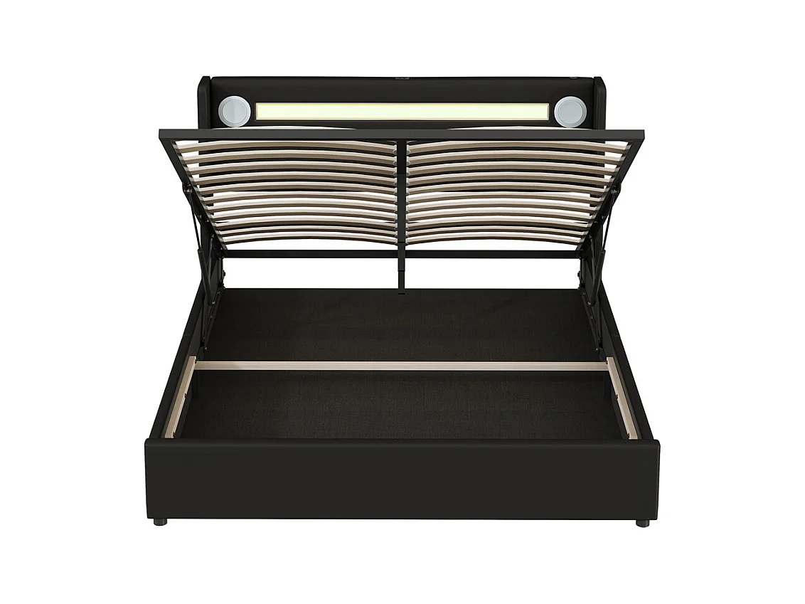 Lit rembourré 160x200 cm lit sommier à lattes lit barre lumineuse à led lecteur bluetooth et recharge usb lit double cuir pu noir