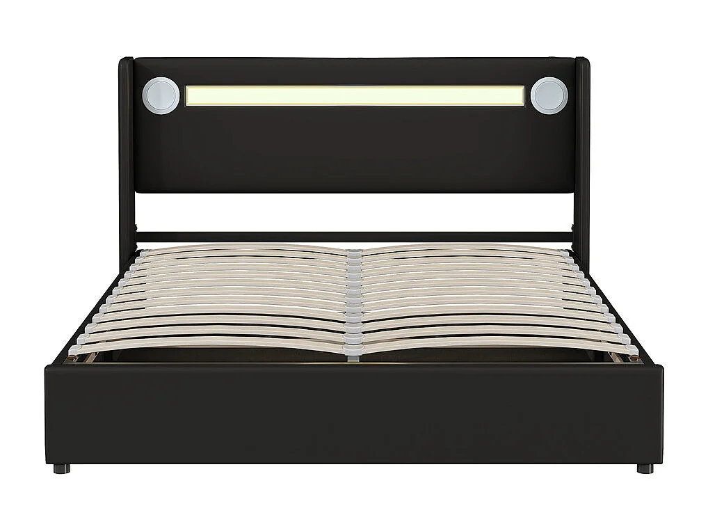 Lit rembourré 160x200 cm lit sommier à lattes lit barre lumineuse à led lecteur bluetooth et recharge usb lit double cuir pu noir