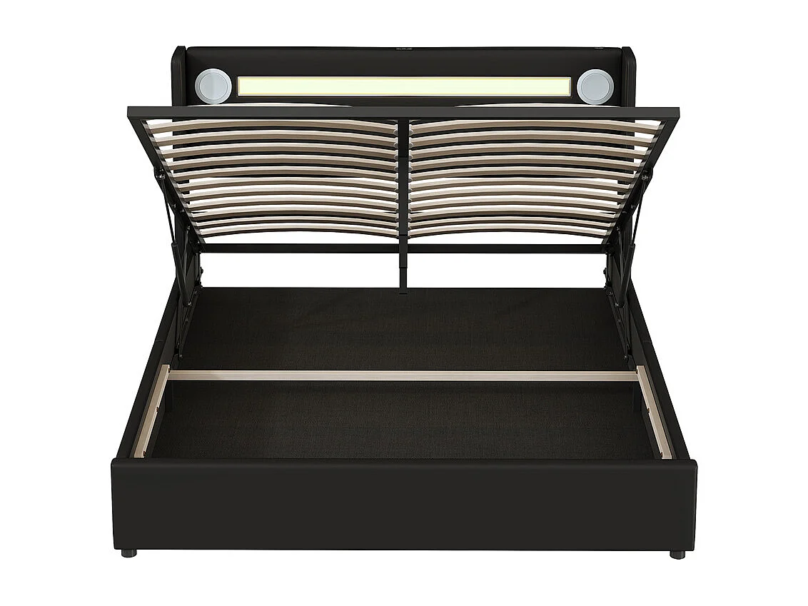 Lit rembourré 160x200 cm lit sommier à lattes lit barre lumineuse à led lecteur bluetooth et recharge usb lit double cuir pu noir