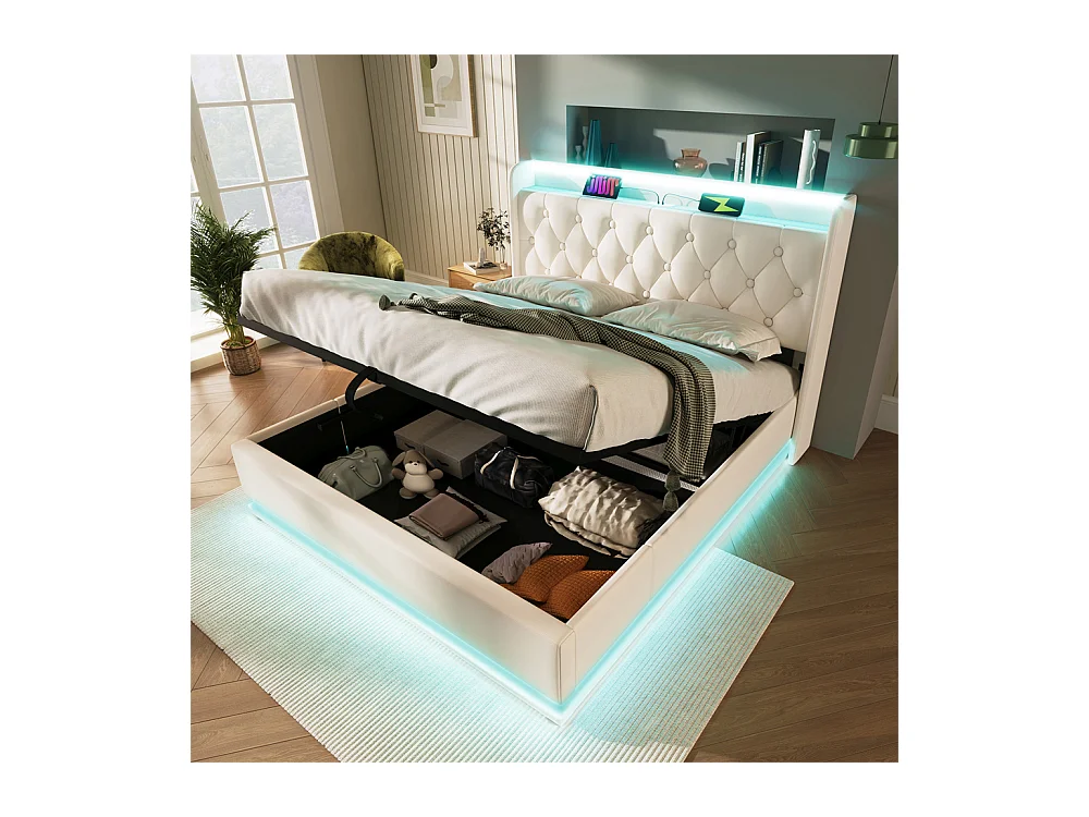 Hydraulisch gestoffeerd bed 180x200 cm met hoofdsteun en USB type-C oplaadfunctie, tweepersoonsbed PU wit